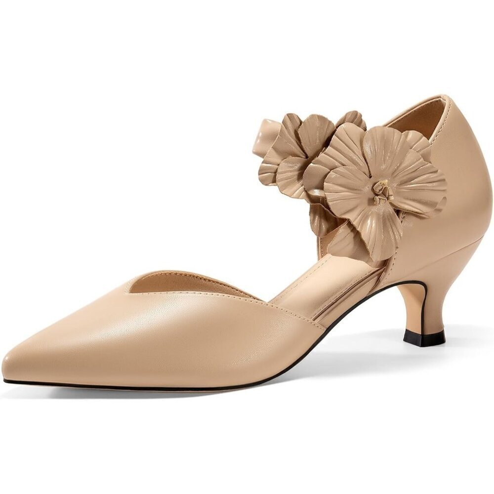 Women's Low Kitten Heels Dressy Shoes Closed Toe Flower Slip-On Party Pumps